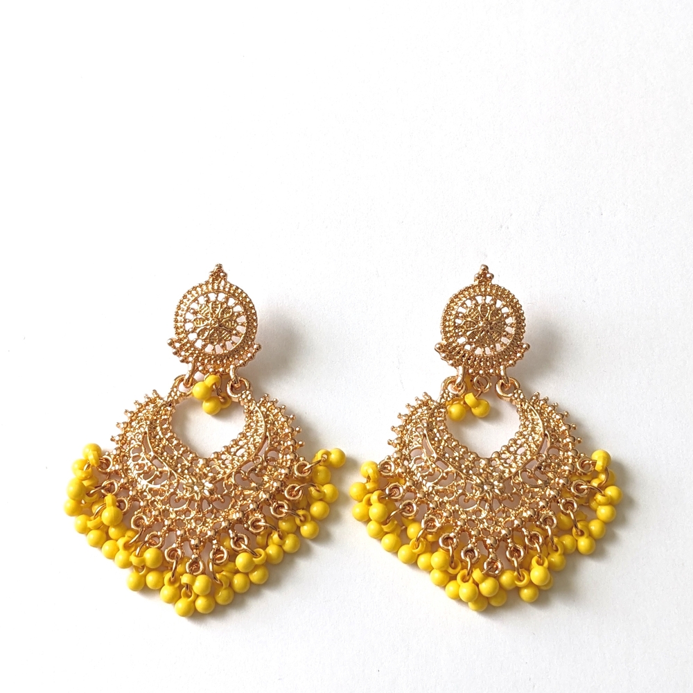 Yellow Beaded Jhumka Earrings